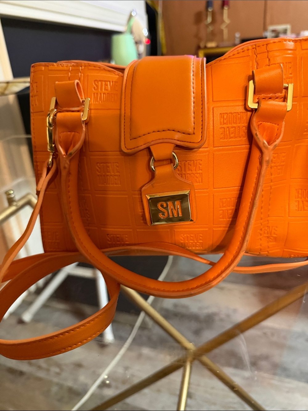 Steve Madden Orange Embossed Logo Satchel with Gold Hardware